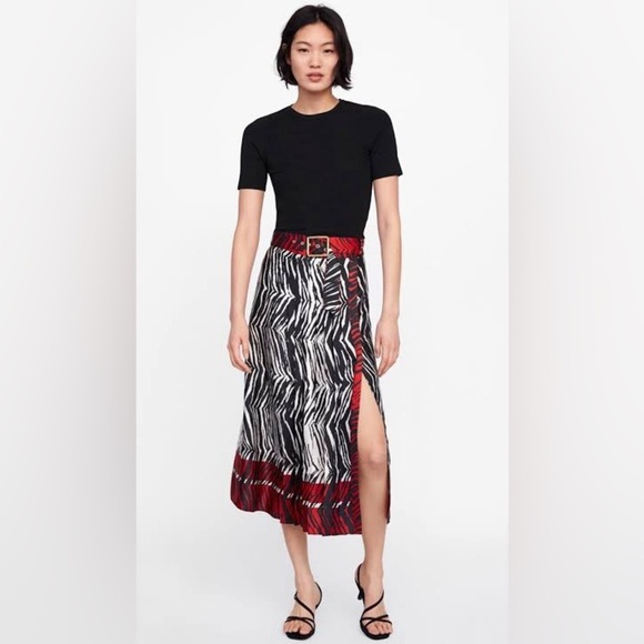 Zara Dresses & Skirts - Zara Zebra Print Pleated Midi Skirt with Red Highlights